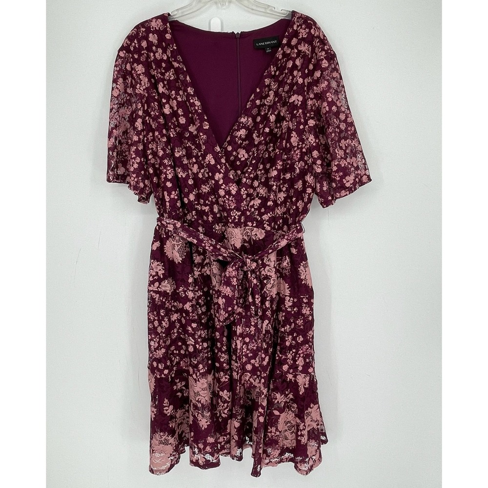 Lane Bryant Women's Burgundy Floral Lace Faux Wrap Fit & Flare Dress Size 20